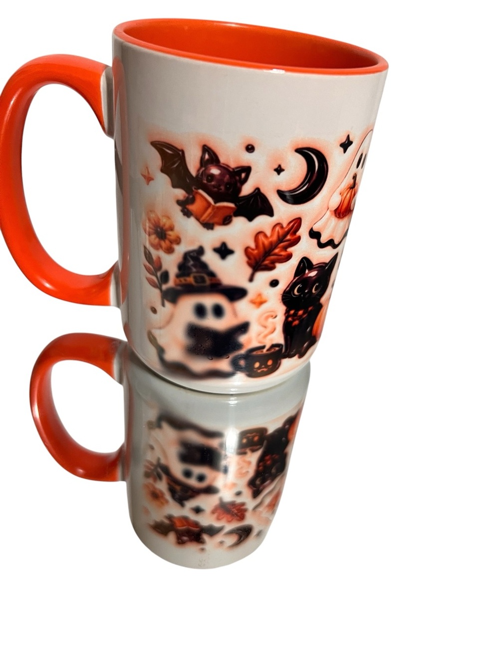 Halloween Ceramic Mug - Orange Interior & Handle made to order ghosts cats 15 oz - Picture 3 of 4